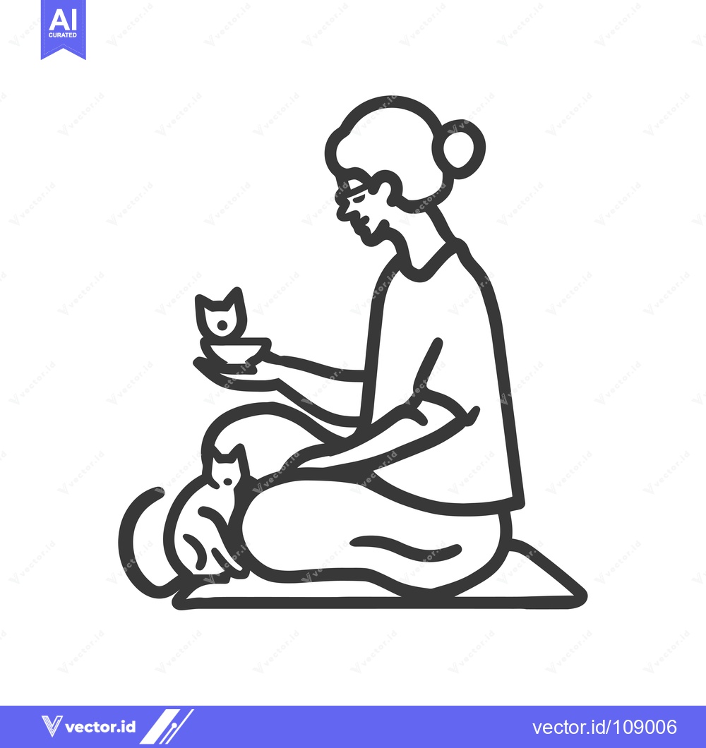 Premium Vector of Woman Sitting with Two Cats, Holding a Small Bowl