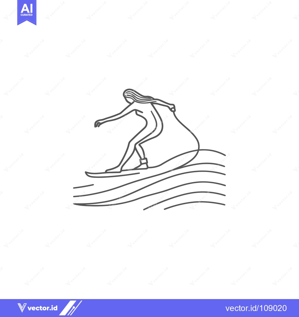 Premium Vector of Woman surfing on a wave in a line art style