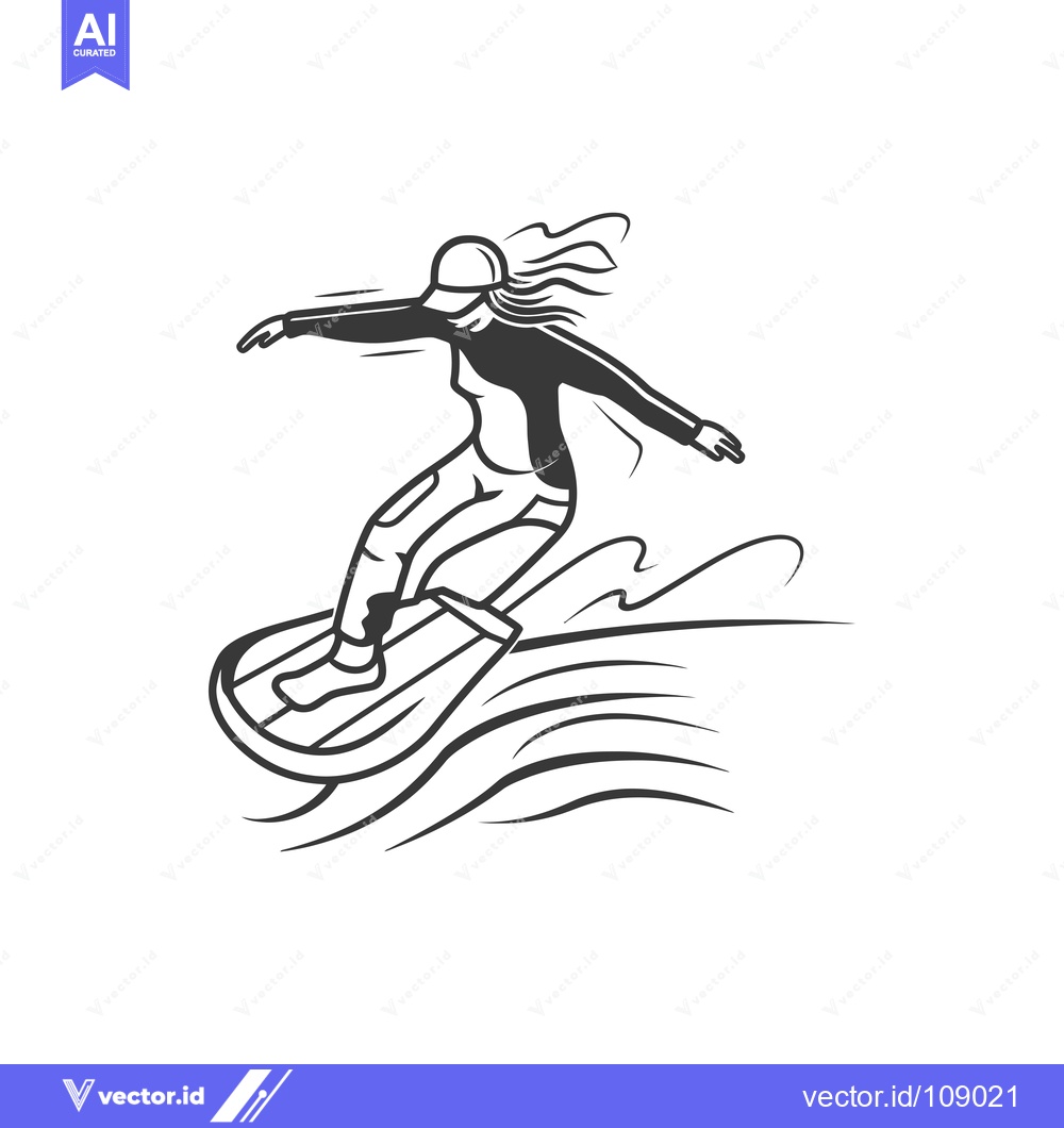 Premium Vector dari Woman Surfing on a Wave with Long Hair and a Wetsuit