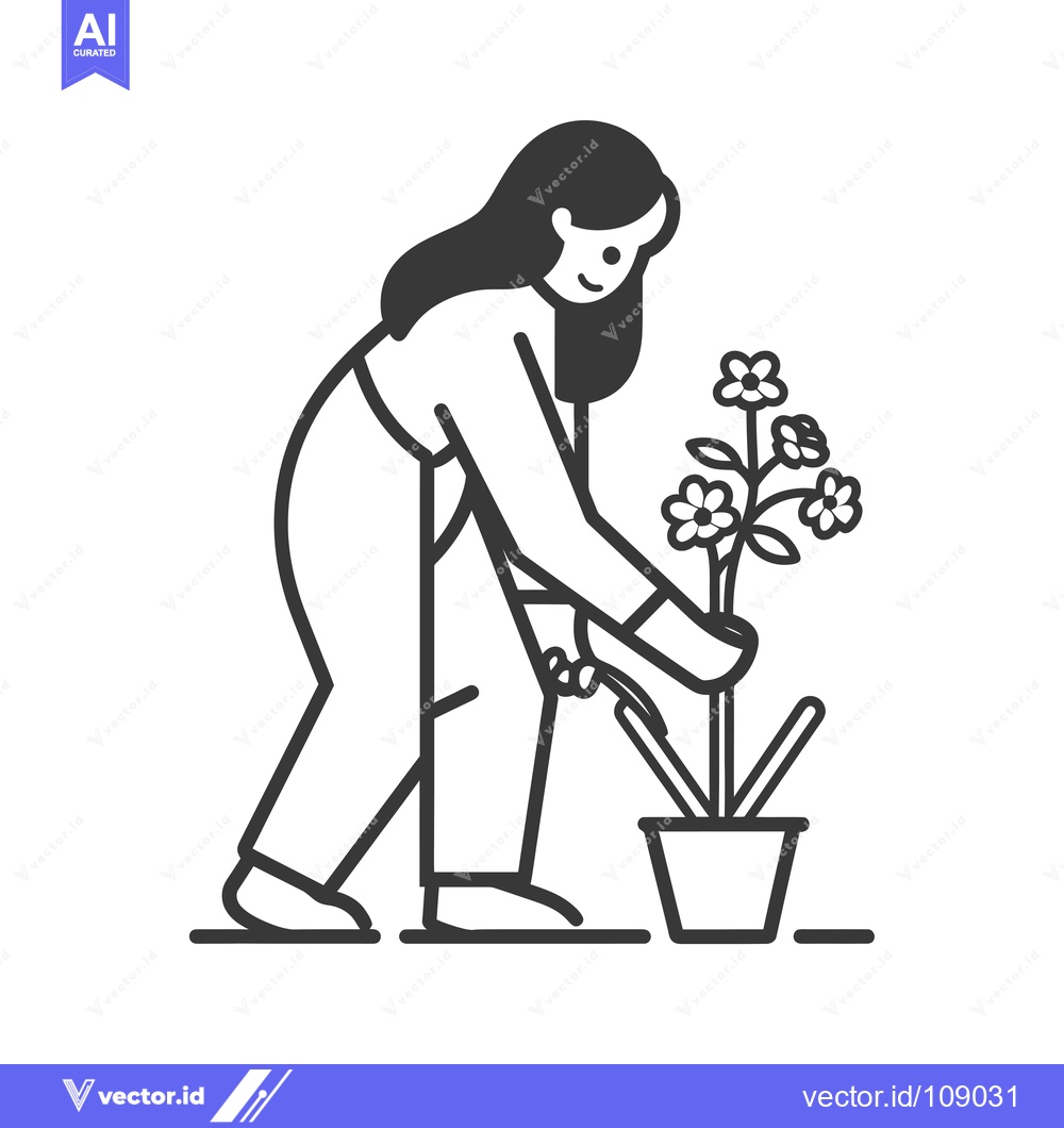 Premium Vector dari Woman tending to a flowering plant in a pot