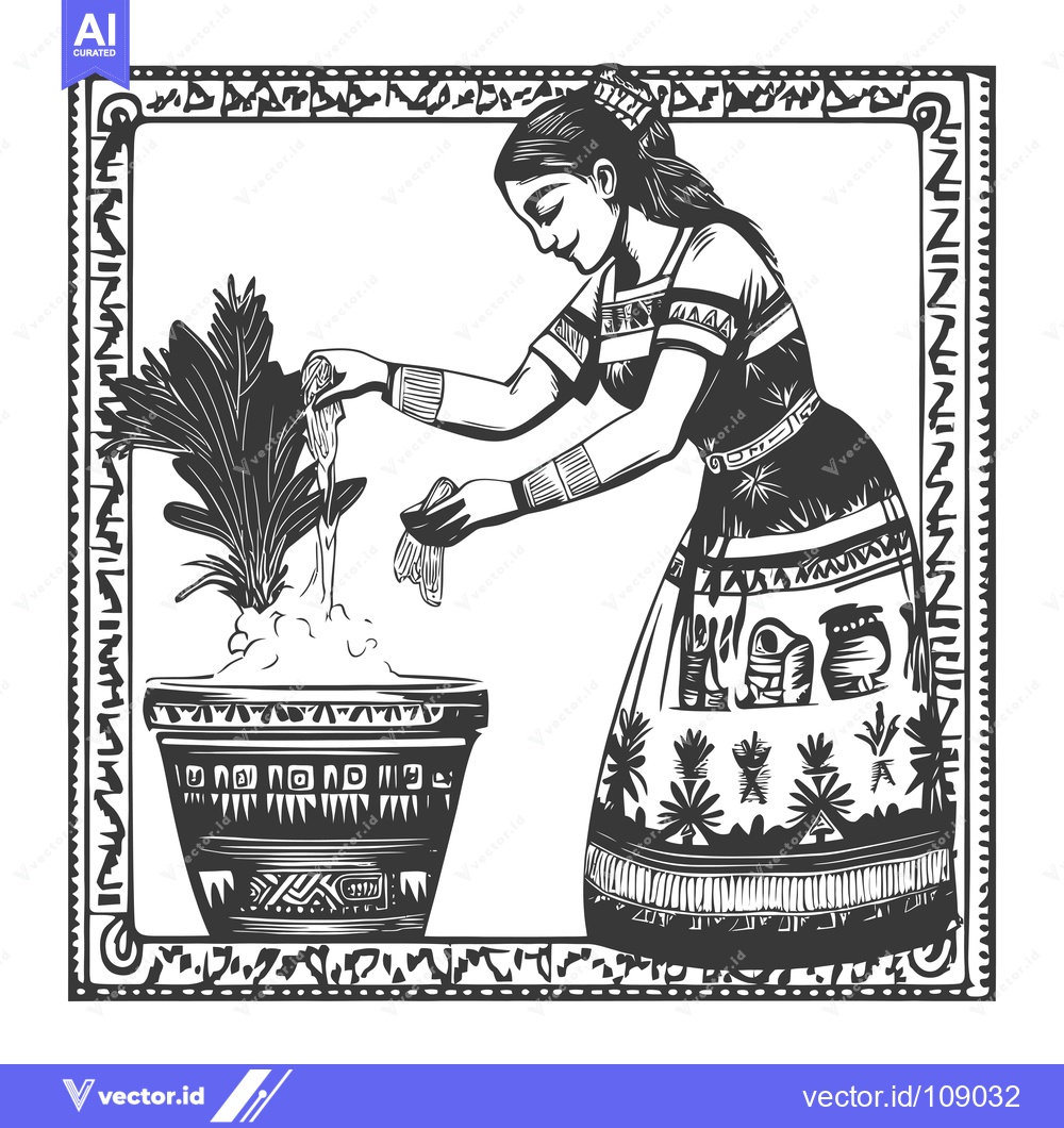 Premium Vector of Woman Tending to a Plant in a Pot, Surrounded by Ornate Frame