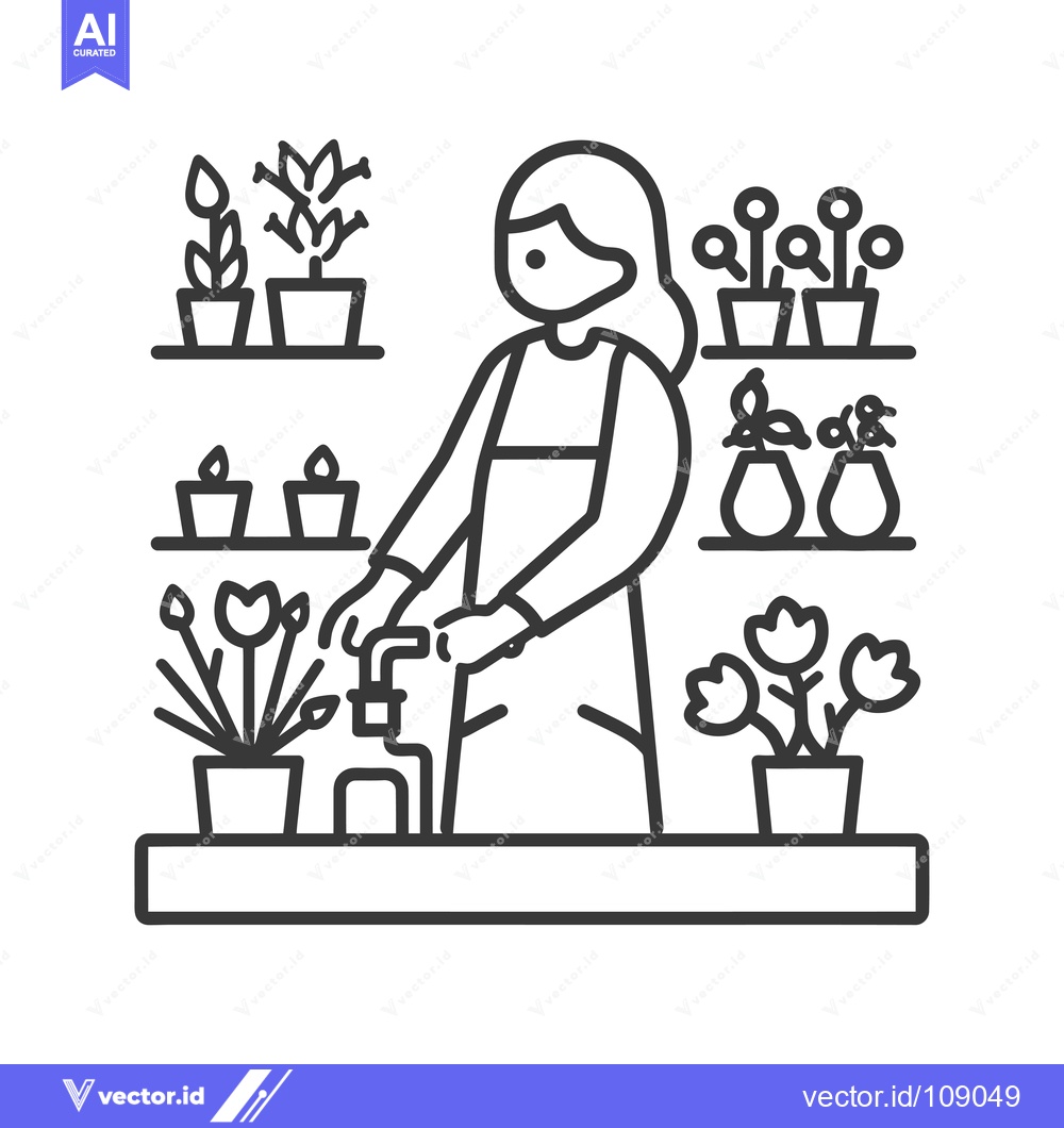 Premium Vector dari Woman watering potted plants on shelves