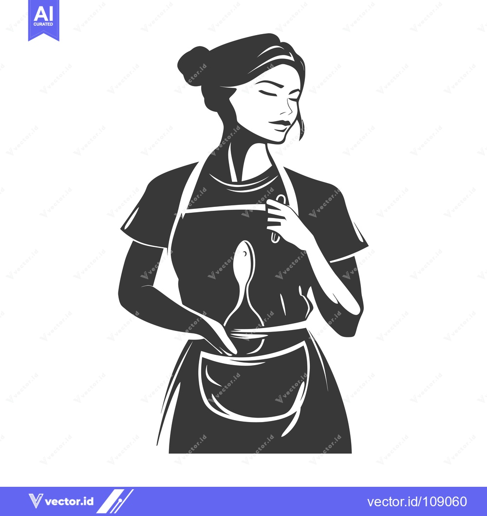 Premium Vector of Woman Wearing Apron Holding a Spoon and Looking Down
