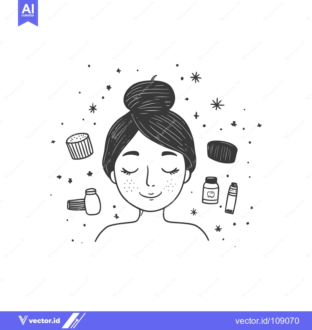 Premium Vector of Woman with a bun and freckles surrounded by beauty products