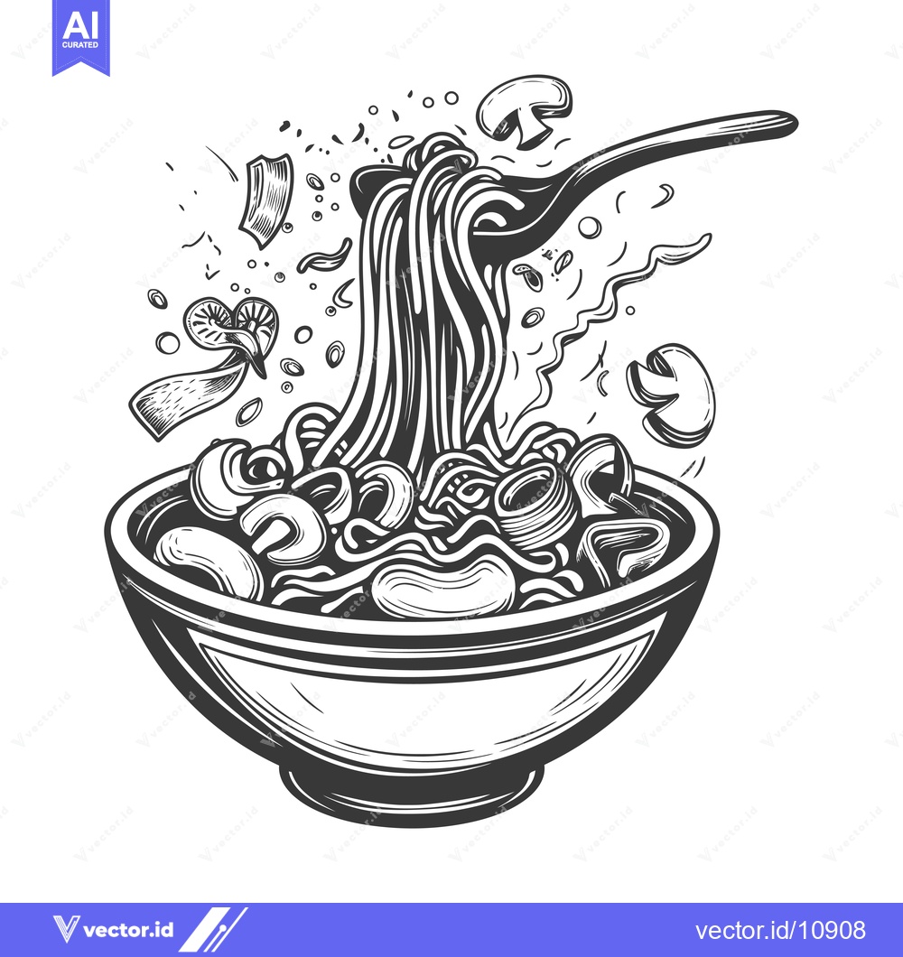 Premium Vector dari A Bowl of Noodles with Mushroom Garnish and Spoon