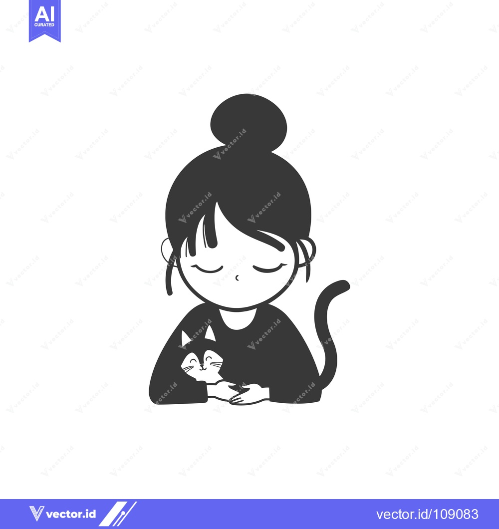 Premium Vector of Woman with Bun Holding a Cat with Closed Eyes