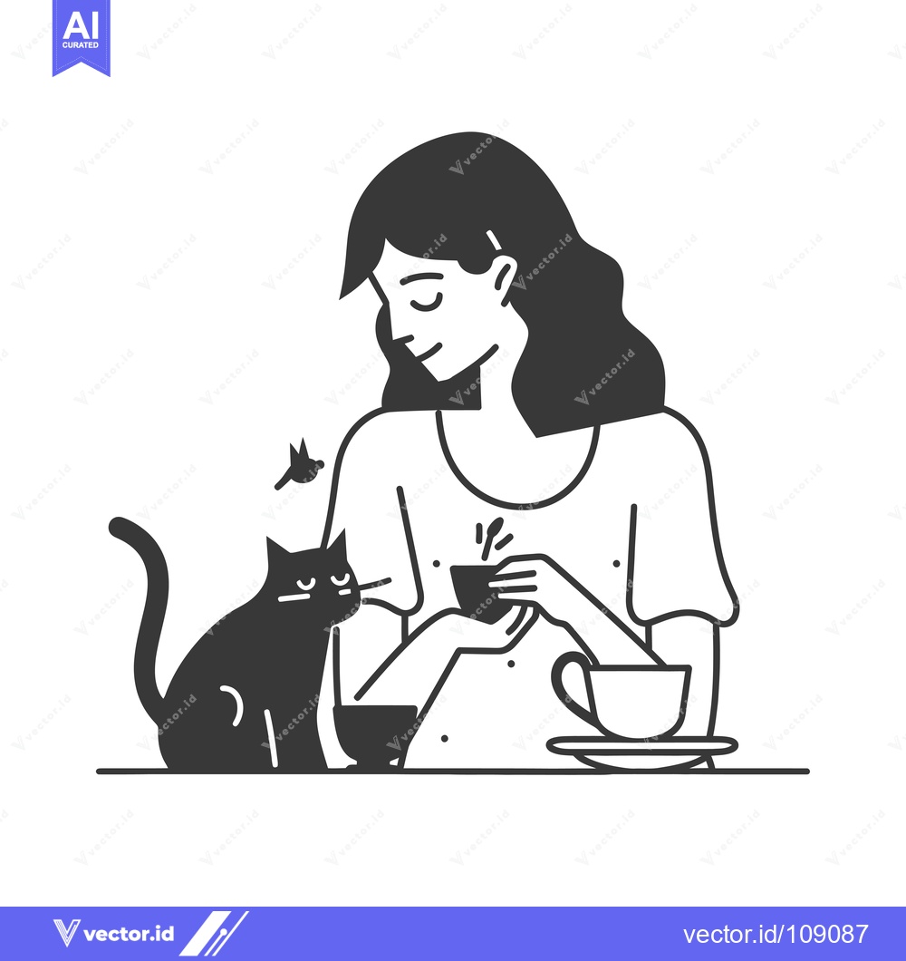 Premium Vector of Woman with Cat Drinking Tea at a Table