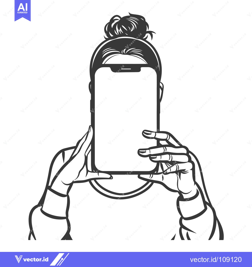 Premium Vector of Woman with Hair Bun Holding a Smartphone with Blank Screen