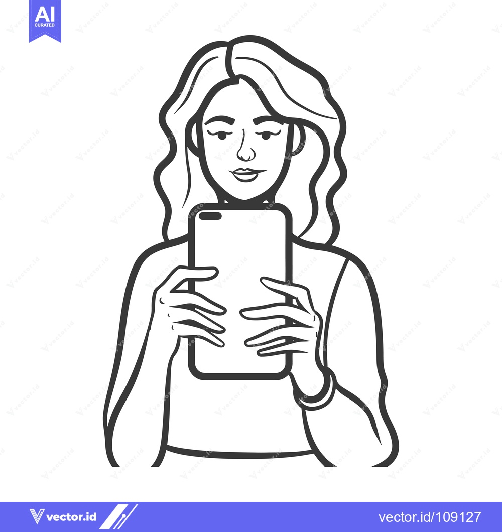 Premium Vector of Woman with Long Hair Holding a Smartphone