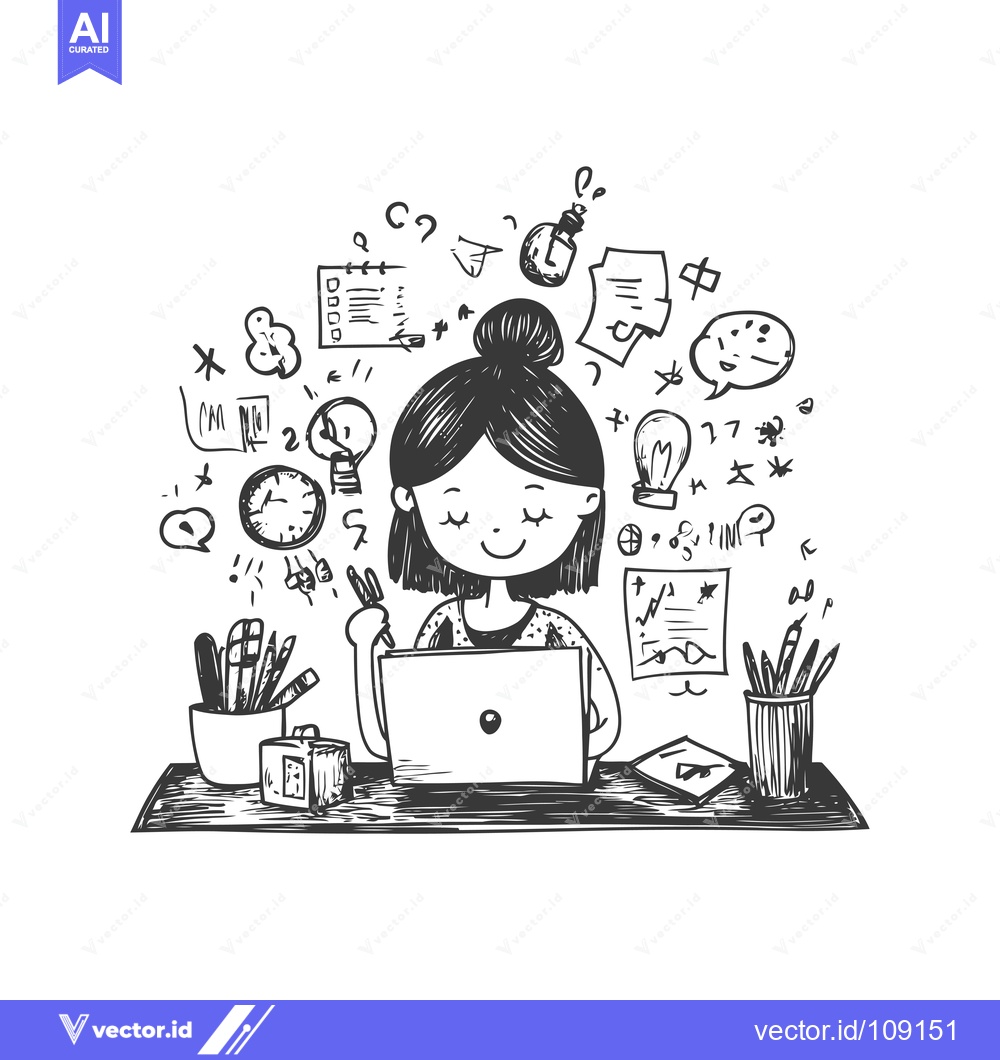 Premium Vector dari Woman Working on a Laptop at a Desk with Many Doodles Surrounding Her