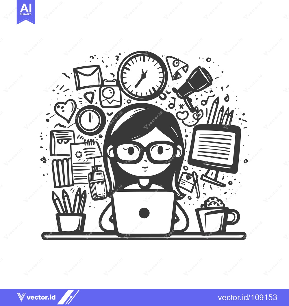 Premium Vector dari Woman Working on Laptop Surrounded by Doodle Objects