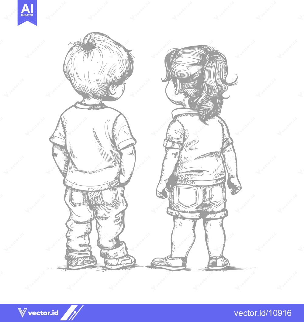 Premium Vector of A boy and girl standing back-to-back, drawn in a sketch style