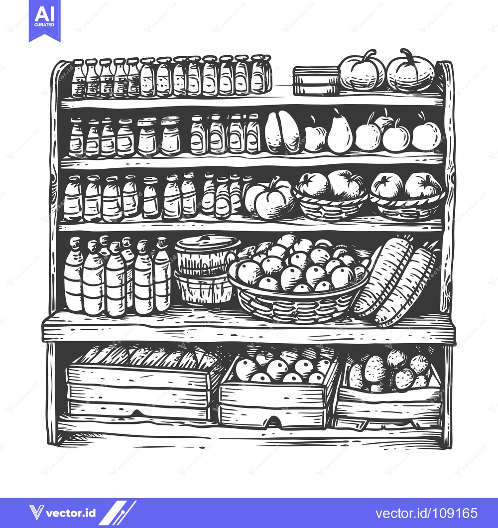 Premium Vector of Wooden Shelf with Various Fruits, Vegetables, and Bottles