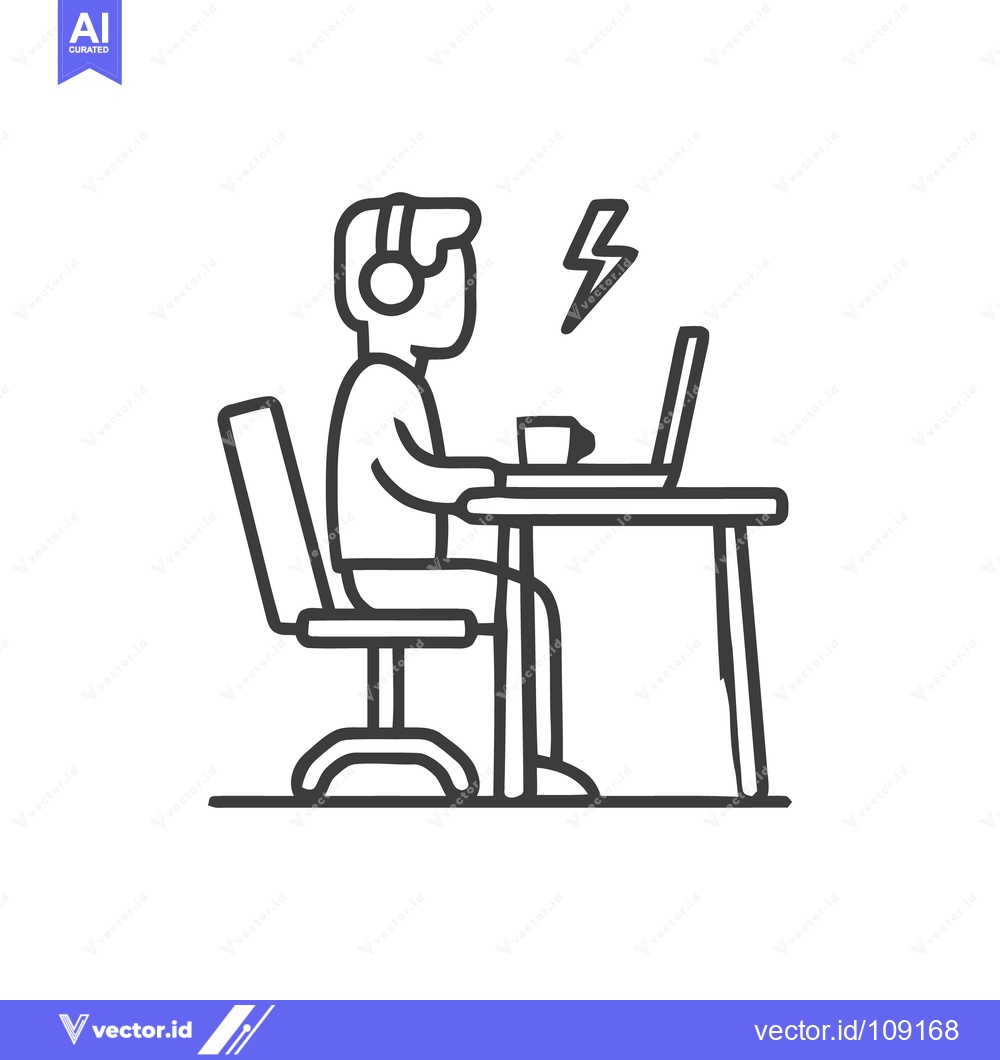 Premium Vector of Focused Worker Outline: Headphones, Laptop, and Creative Spark Icon