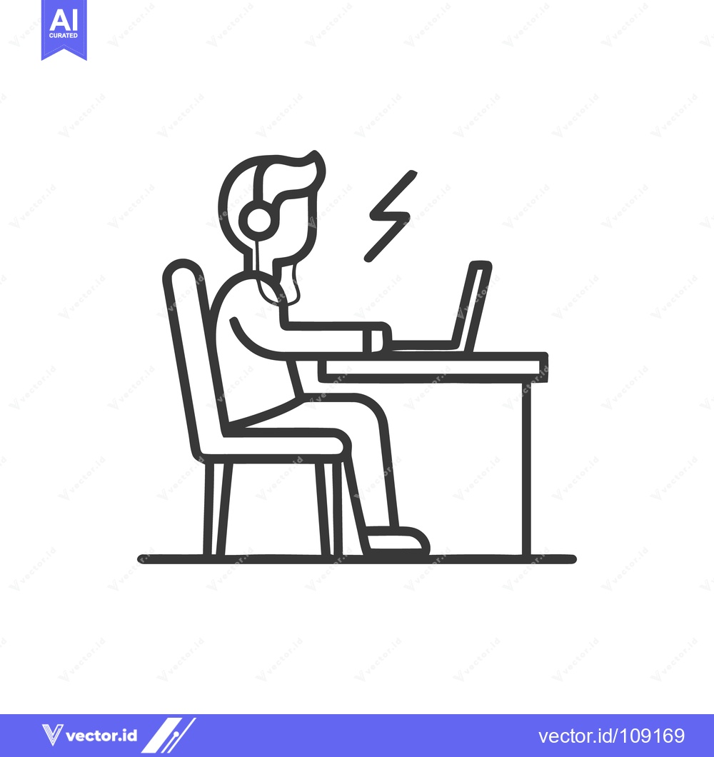 Premium Vector of Focused Worker: Line Art of Man at Desk with Laptop and Headphones