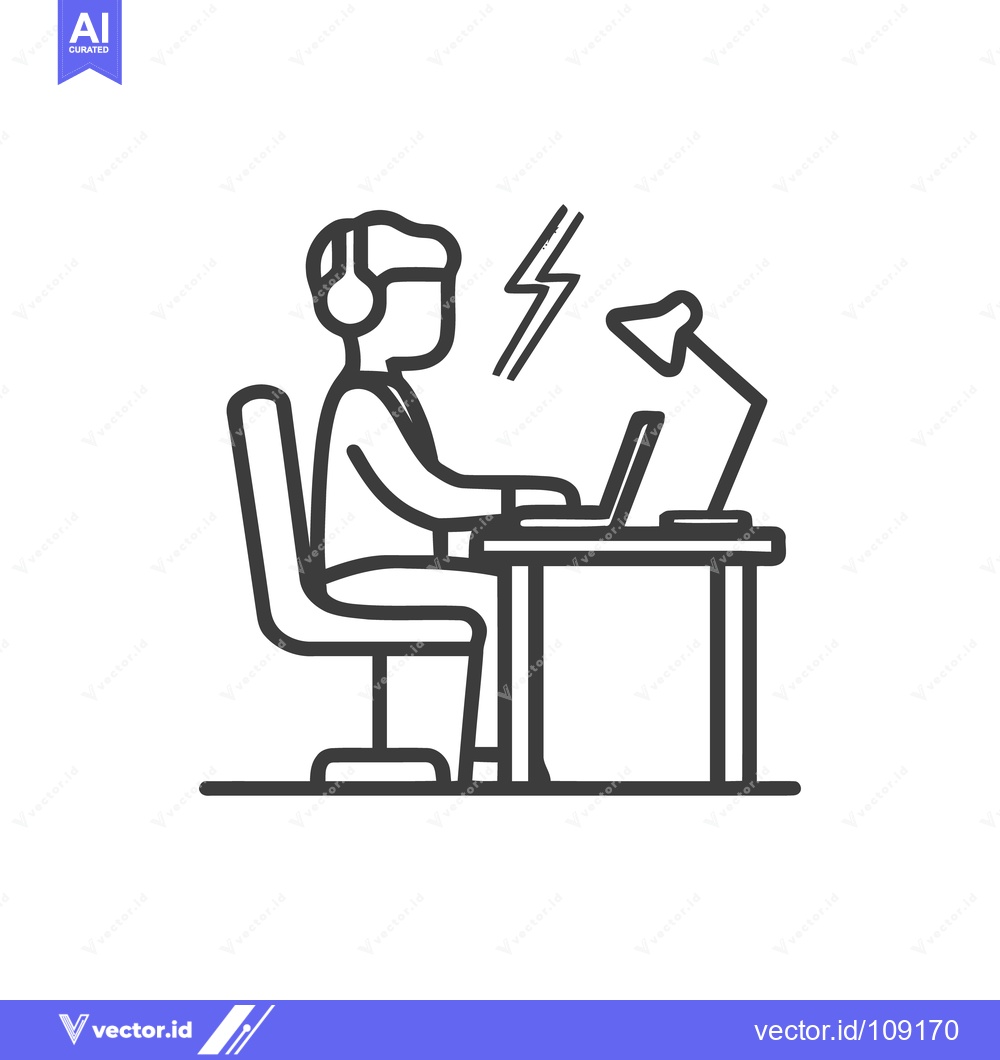 Premium Vector of Stressed Worker Outline: Man with Headphones at Desk with Laptop and L