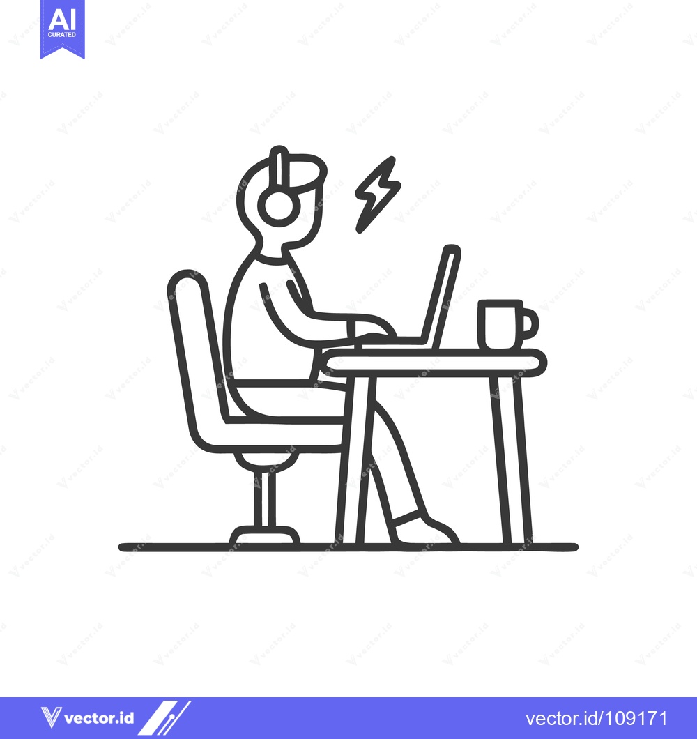 Premium Vector dari Focused Worker with Headphones at Desk, Lightning Bolt Icon, Line Art