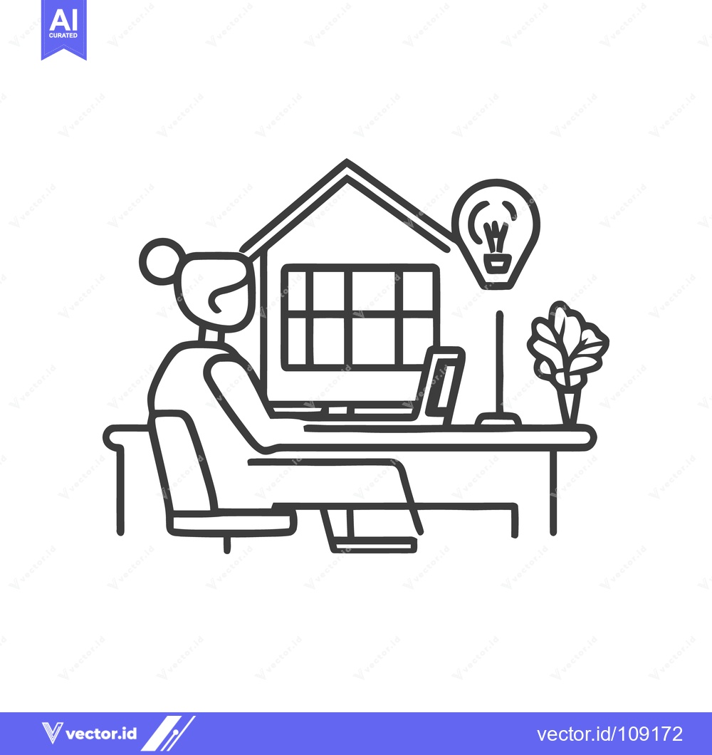 Premium Vector dari Minimalist Line Art: Woman Working at Home with Idea Bulb