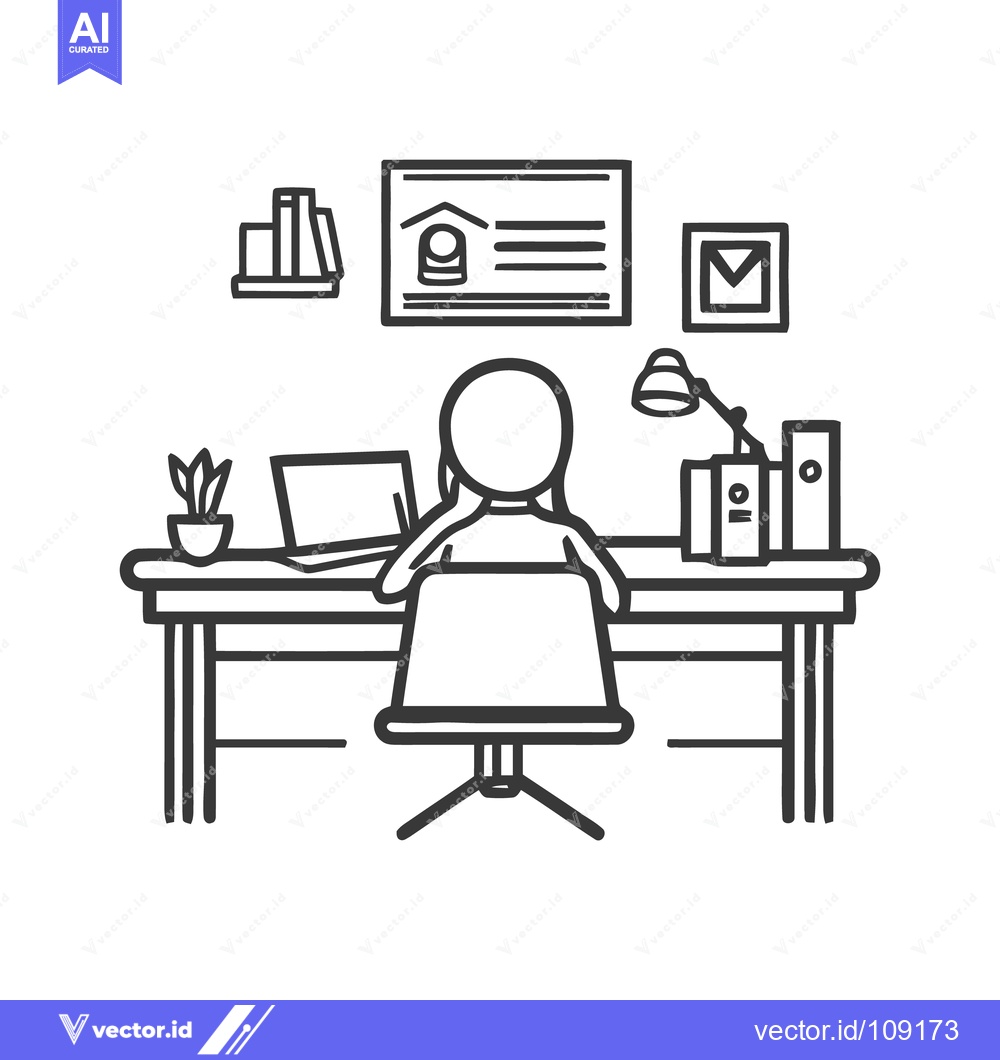 Premium Vector of Minimalist Line Art: Woman Working at Desk with Laptop and Office Deco