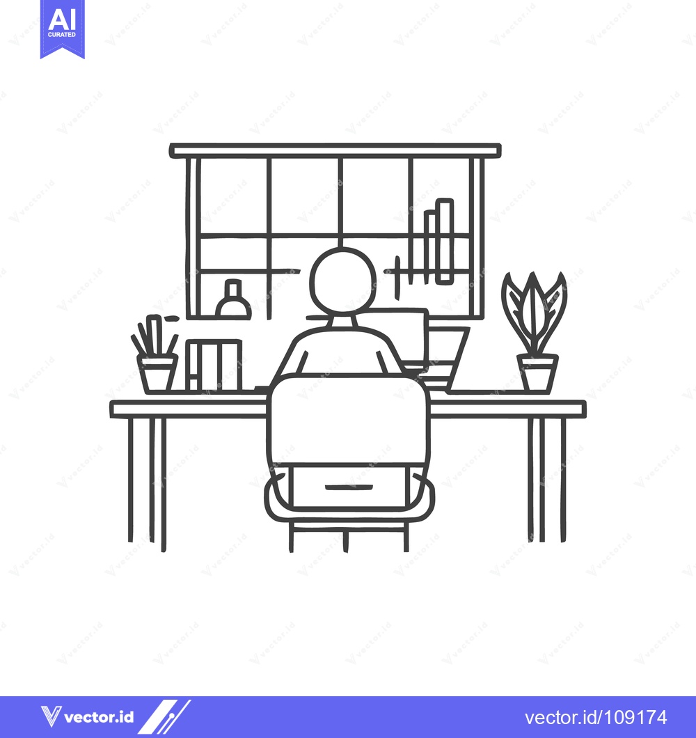 Premium Vector dari Minimalist Line Art: Person Working at Desk with Plants and Window