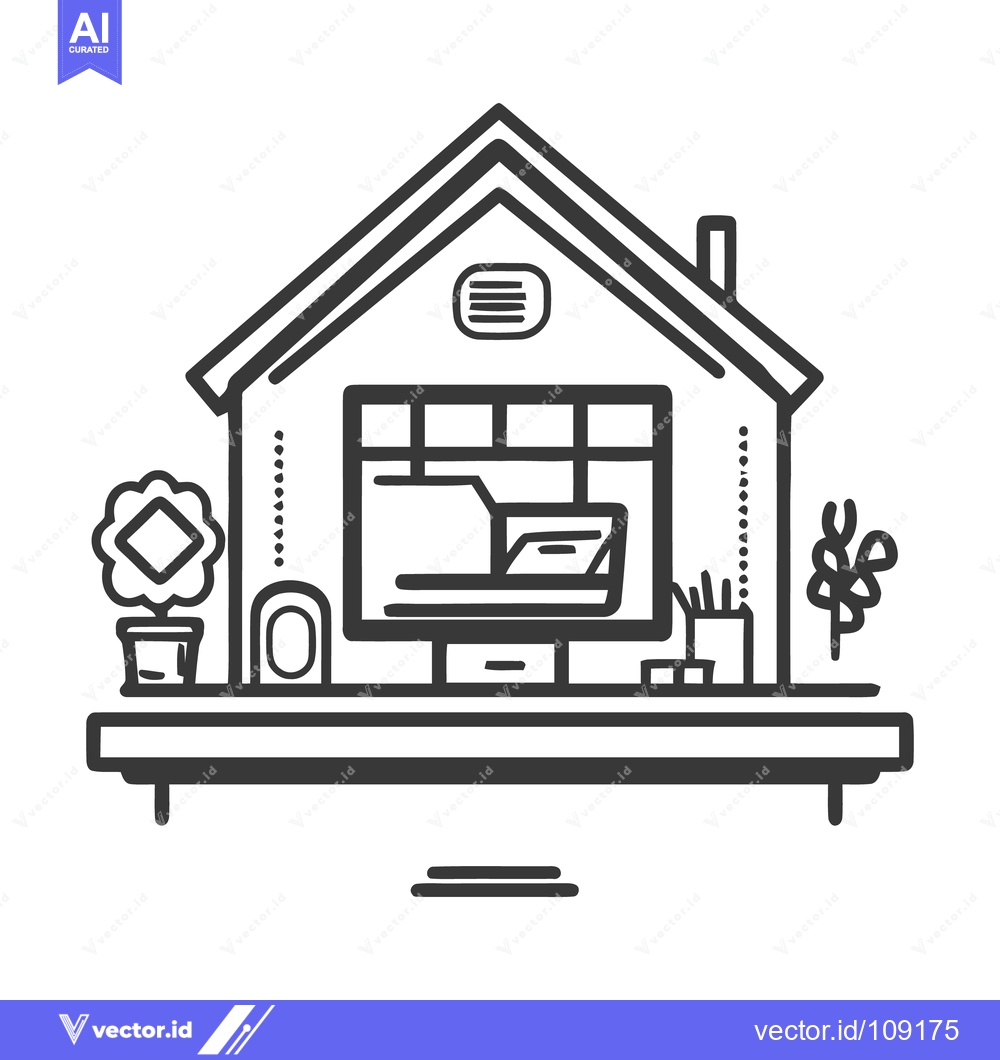 Premium Vector dari Home Office Icon: Minimalist Workspace with Computer and Plants in Hou