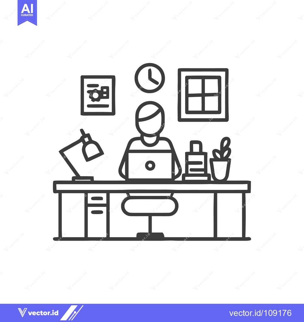 Premium Vector dari Minimalist Line Art: Person Working at Desk with Laptop and Lamp