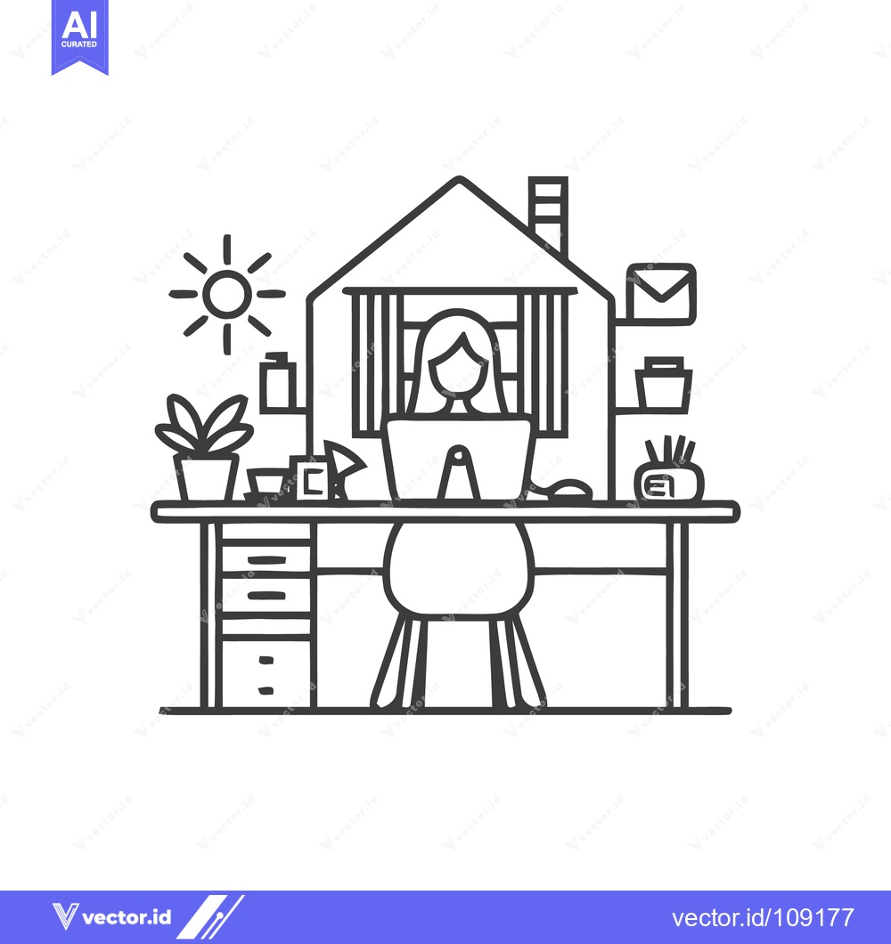 Premium Vector dari Minimalist Home Office: Woman Working at Desk with House Icon Backdrop