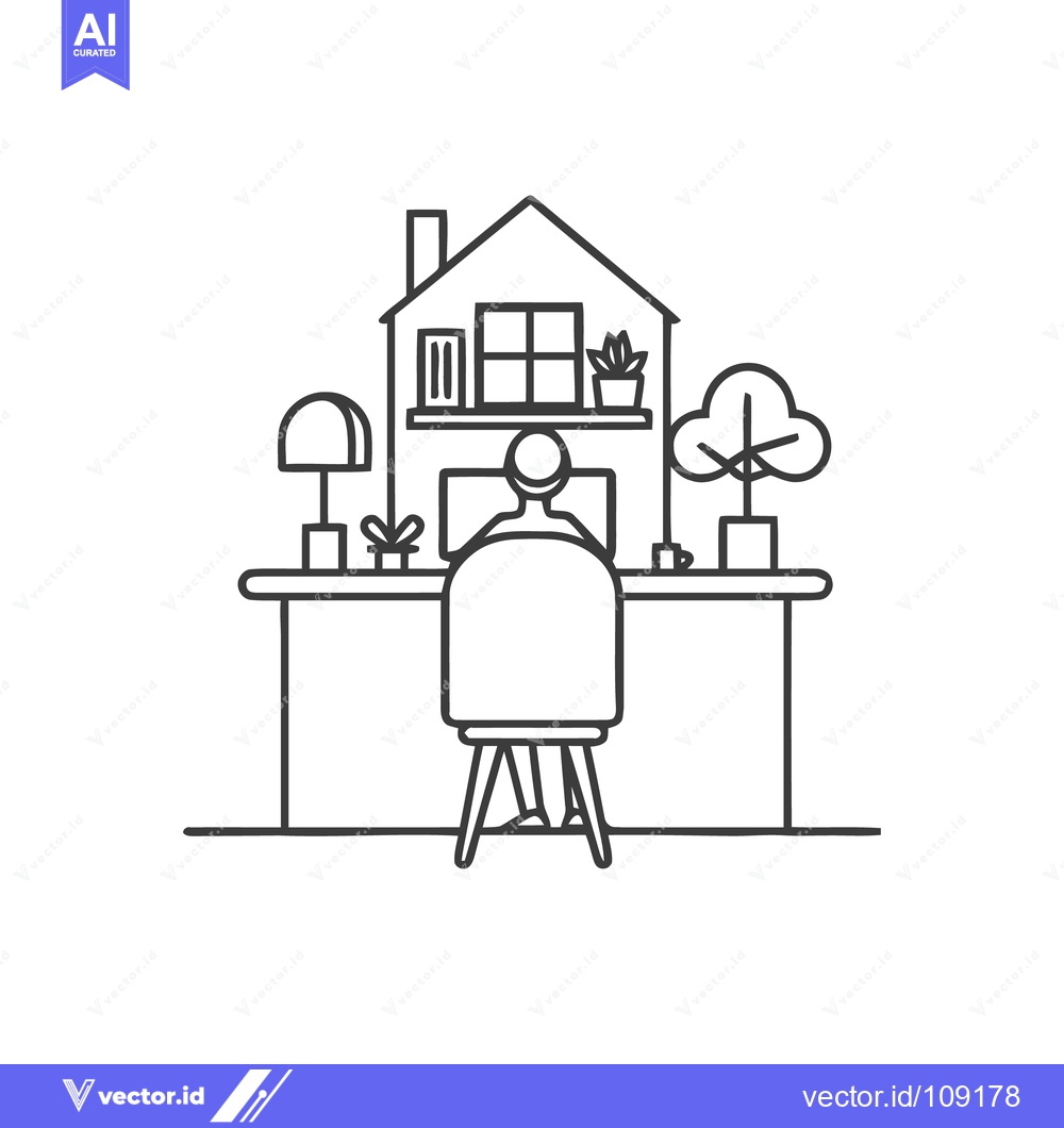 Premium Vector of Minimalist Home Office Line Art: Person Working at Desk with Houseplan