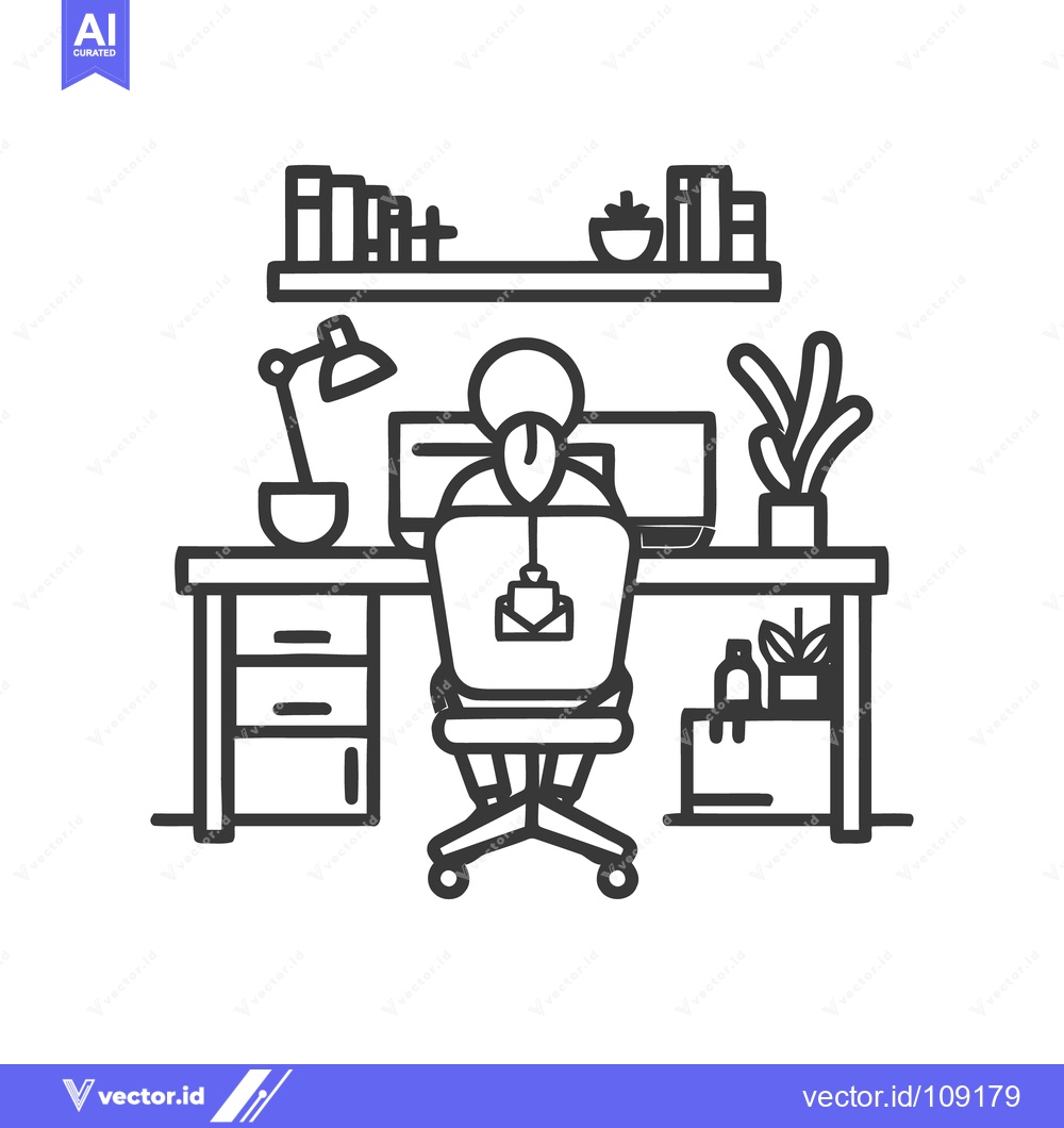 Premium Vector of Minimalist Line Art: Person at Desk with Computer and Bookshelf