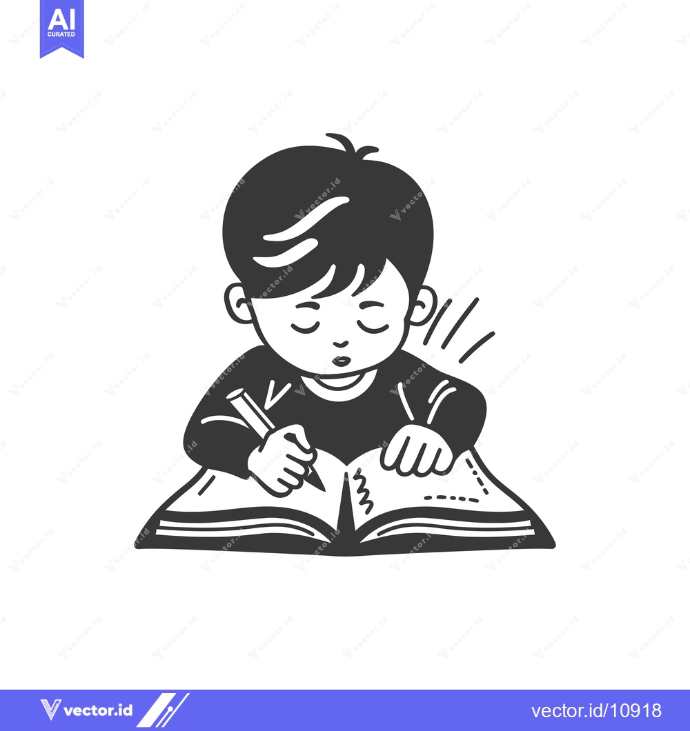 Premium Vector of A boy diligently writing in his open book with a pencil