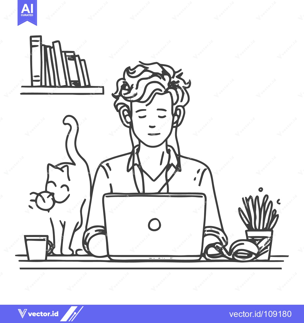 Premium Vector of Cozy Home Office: Doodle Illustration of Person Working with Cat and B