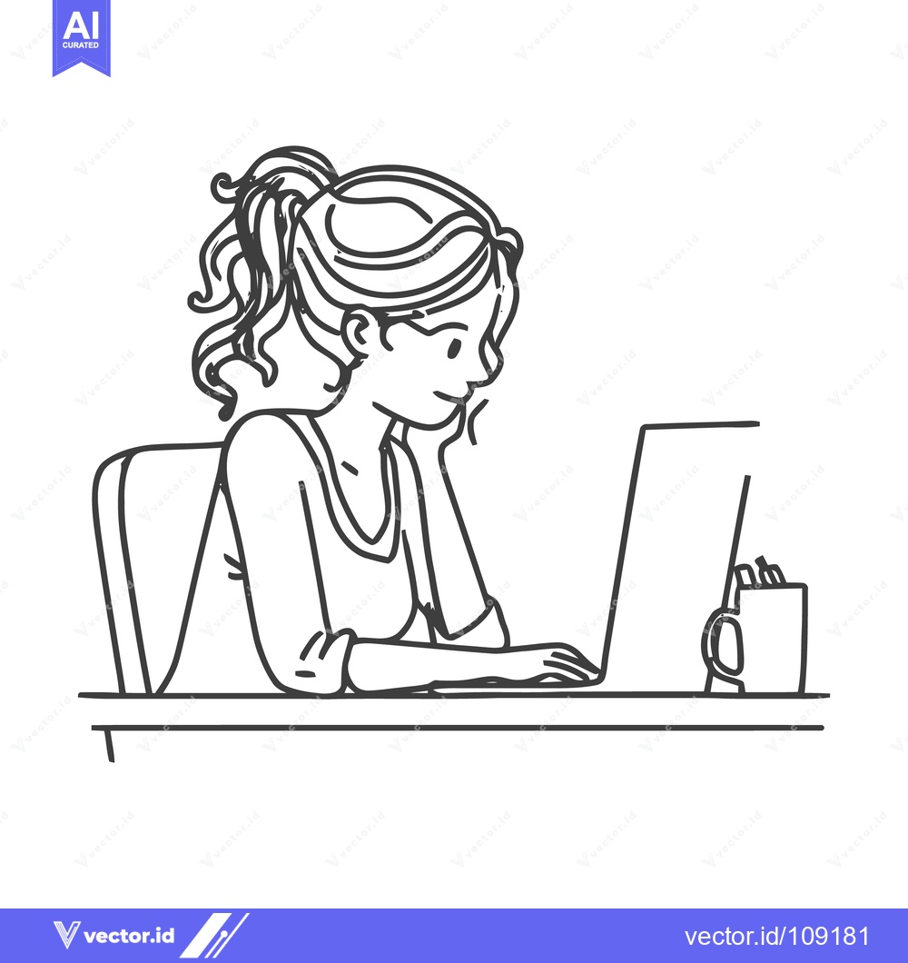 Premium Vector dari Contemplative Woman Working on Laptop, Minimalist Line Art Illustratio