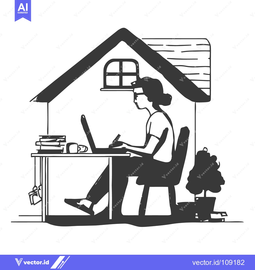 Premium Vector of Stylized Home Office: Woman Working on Laptop Under House Silhouette