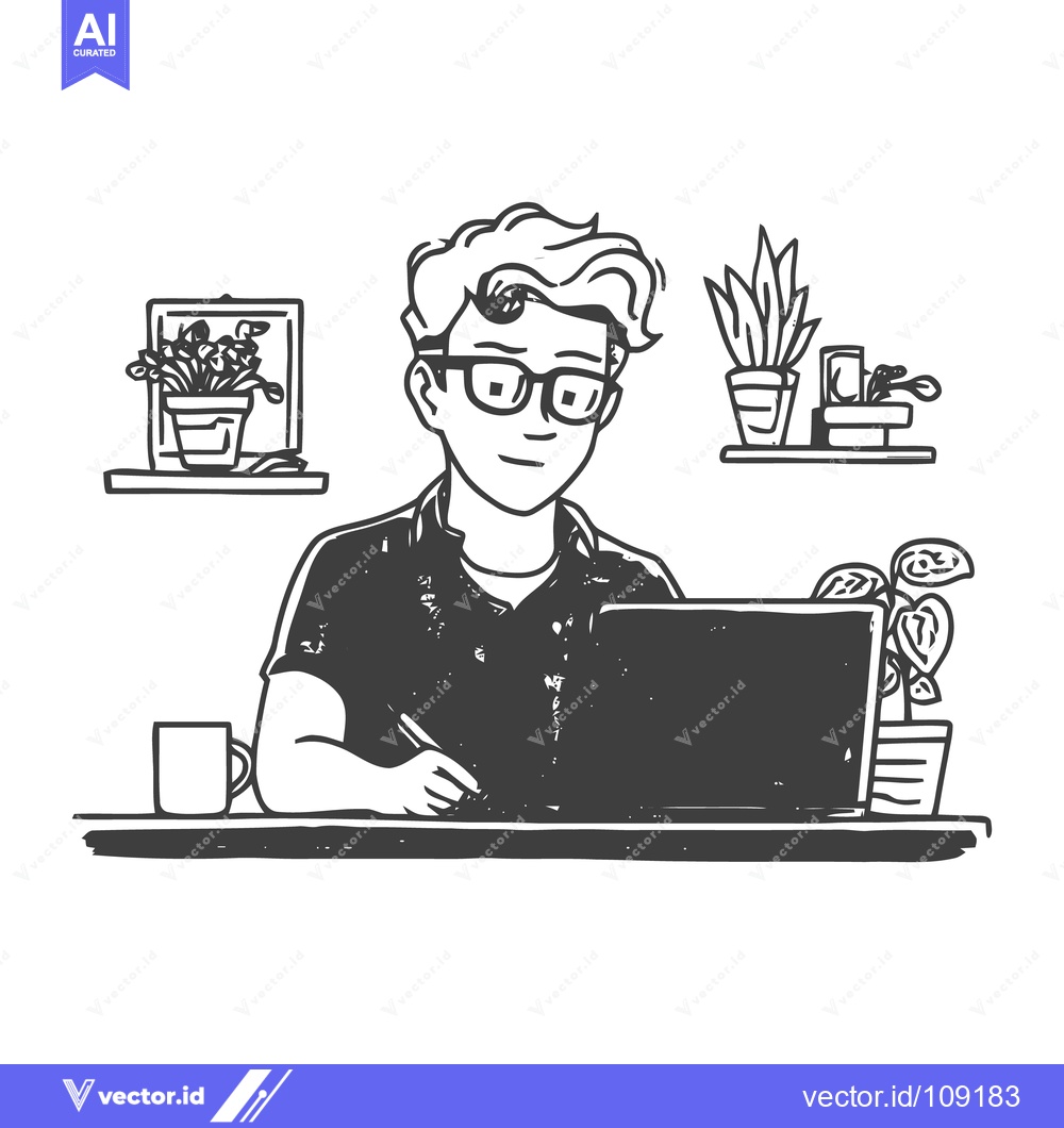 Premium Vector dari Hand-Drawn Illustration of Man Working at Laptop with Plants and Coffe