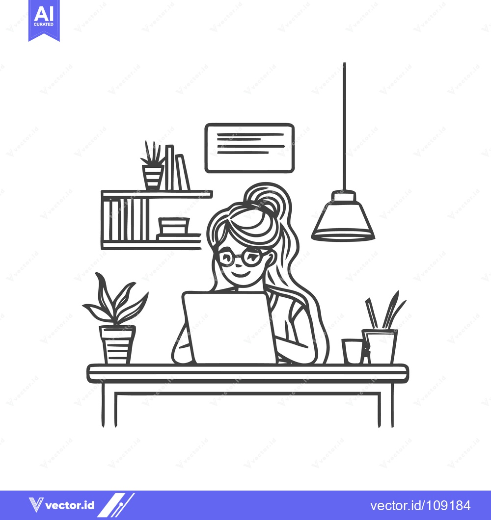 Premium Vector dari Focused Woman Working on Laptop at Desk, Line Art Illustration
