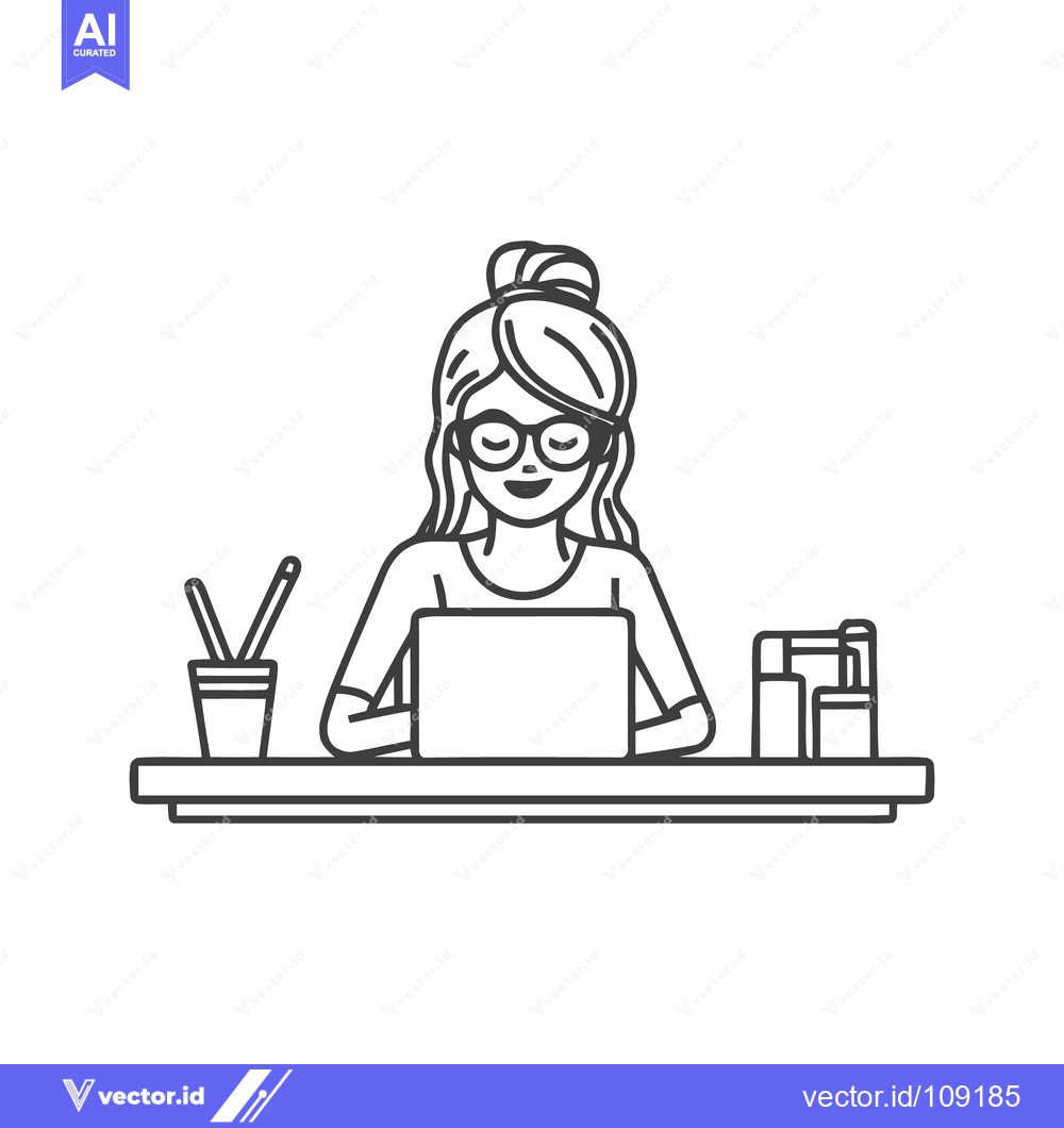 Premium Vector dari Minimalist Line Art: Woman Working on Laptop at Desk with Office Suppl