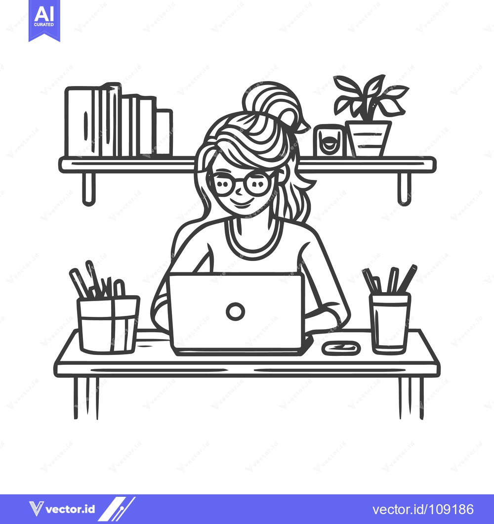 Premium Vector dari Line Art: Smiling Woman Working at Desk with Laptop and Bookshelves