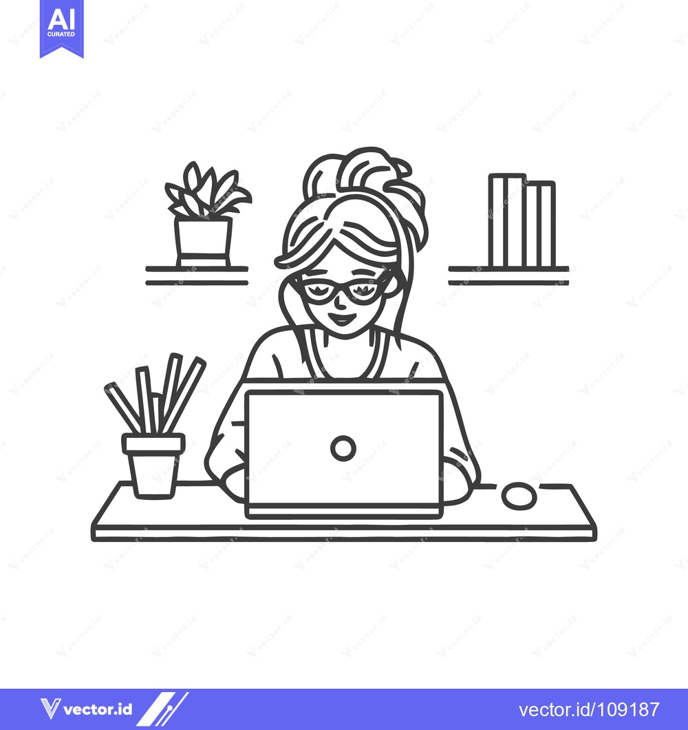 Premium Vector of Line Art: Woman Working on Laptop at Desk with Plants and Books