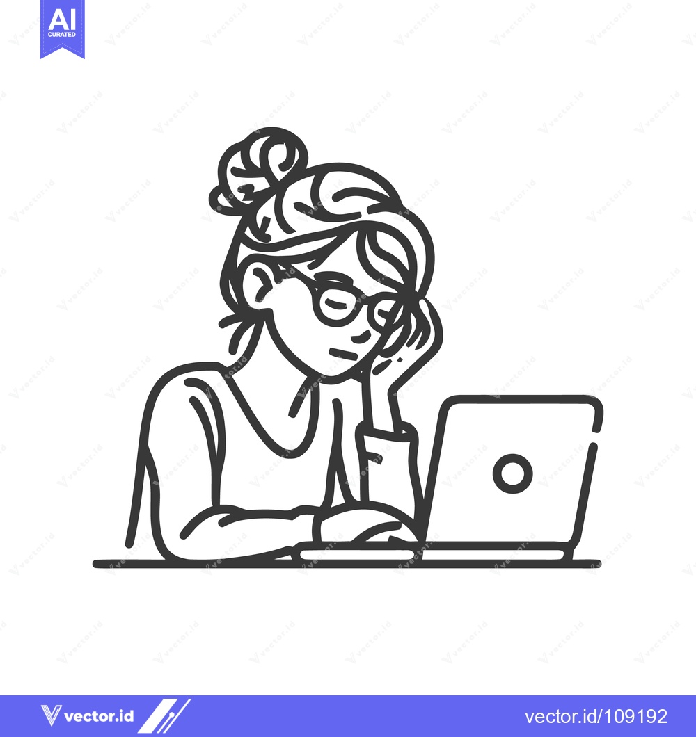 Premium Vector of Exhausted Woman with Laptop: Minimalist Line Art Illustration of Burno