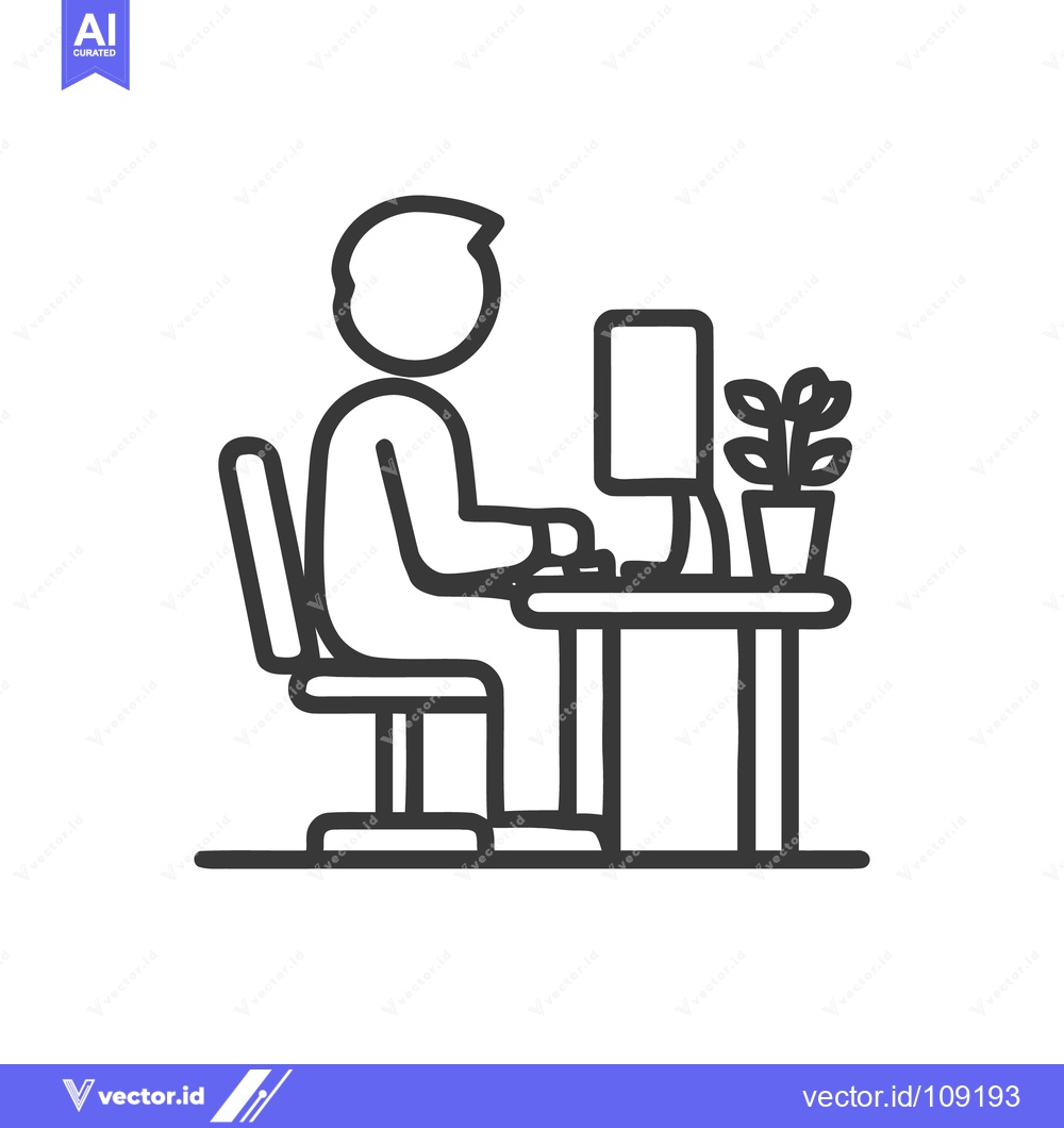 Premium Vector of Minimalist Office Worker Icon: Person at Computer with Plant