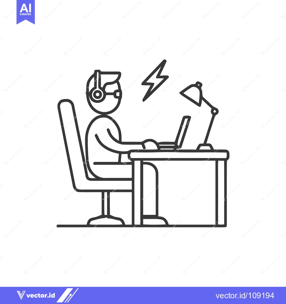 Premium Vector of Frustrated Worker Outline: Man at Desk with Laptop and Lightning Bolt