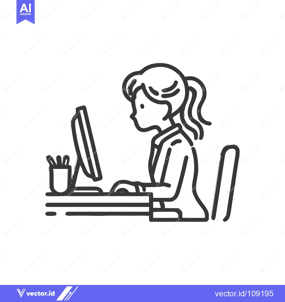 Premium Vector dari Minimalist Line Art: Woman Working at Computer Desk in Office Setting