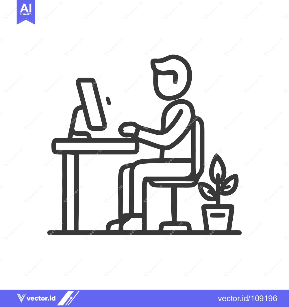 Premium Vector of Minimalist Line Art: Person Working at Desk with Plant