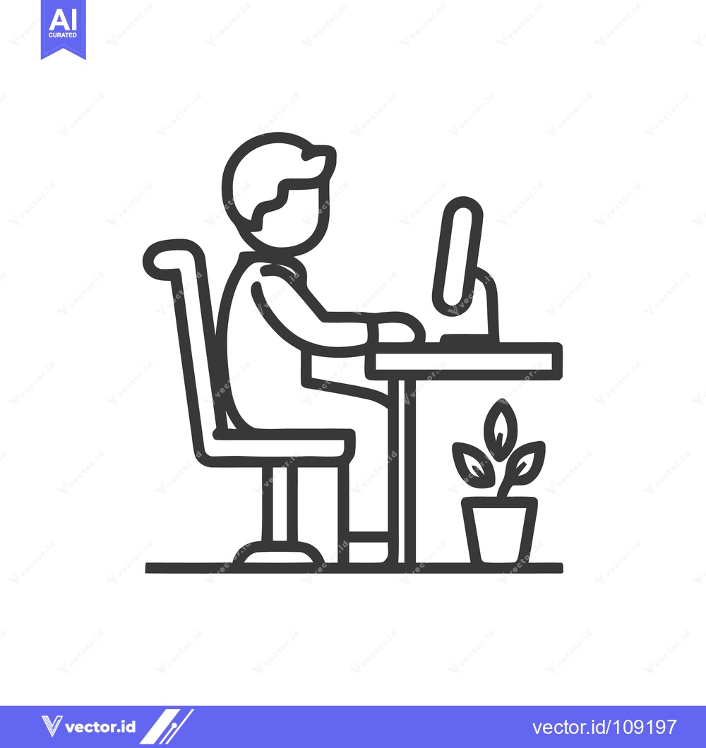 Premium Vector dari Minimalist Line Art: Person Working at Desk with Computer and Plant