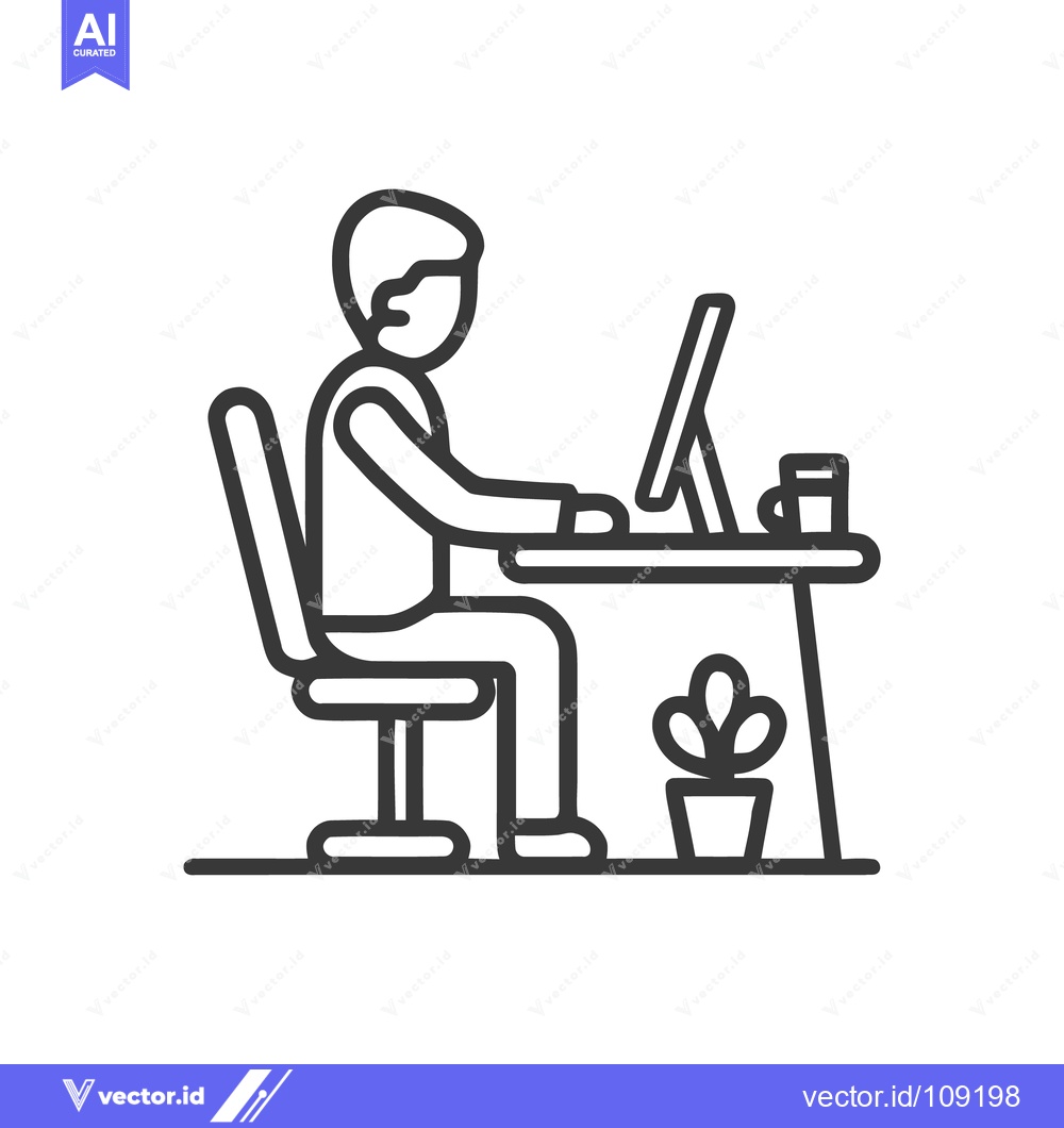 Premium Vector of Minimalist Line Art: Man Working at Desk with Computer and Plant