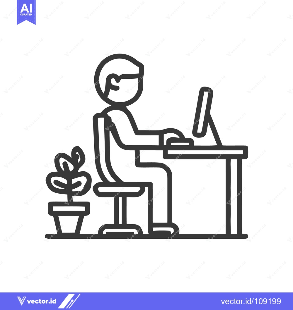 Premium Vector of Minimalist Icon of Person Working at Desk with Plant
