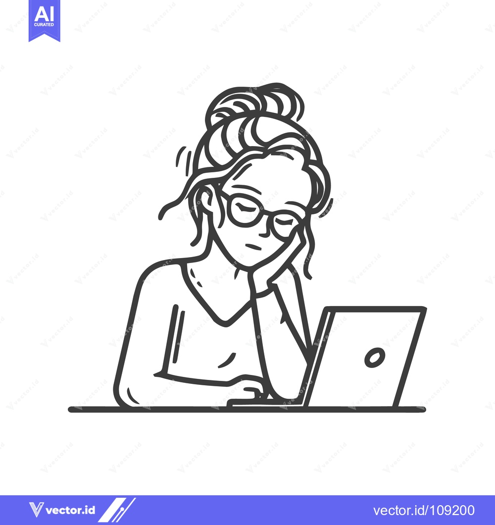 Premium Vector dari Exhausted Student Doodles: Line Art of Burnout with Laptop