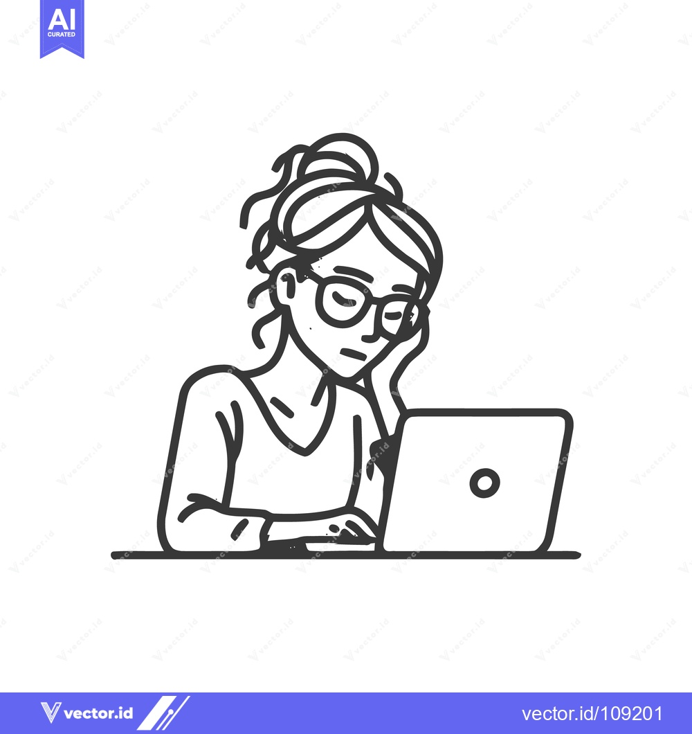 Premium Vector dari Exhausted Woman Working on Laptop, Minimalist Line Art Illustration