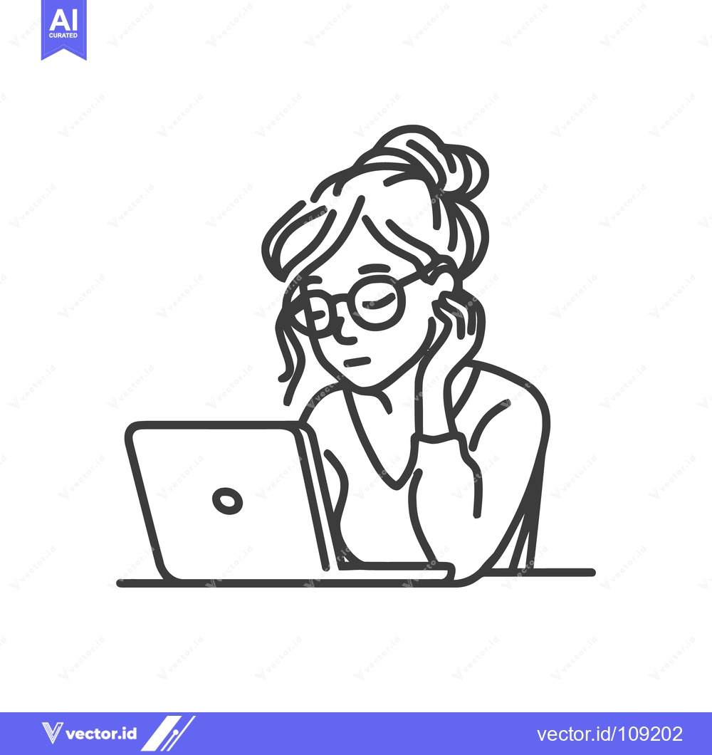 Premium Vector dari Line Art: Woman with Glasses Working on Laptop, Hand on Cheek