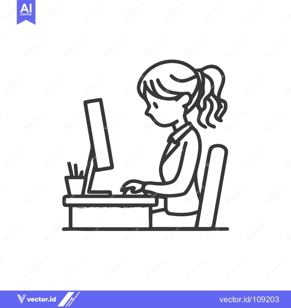 Premium Vector dari Line Art: Woman Working at Computer Desk with Ponytail Hairstyle